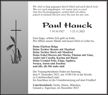 Traueranzeige von Paul Hauck von Südthüringer Presse