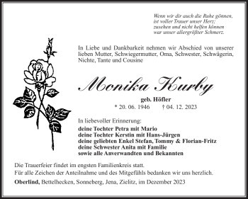 Traueranzeige von Monika Kurby von Südthüringer Presse