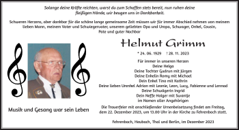 Traueranzeige von Helmut Grimm von Südthüringer Presse