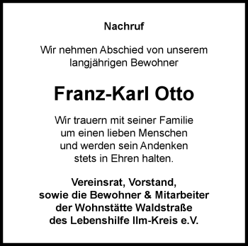 Traueranzeige von Franz-Karl Otto von Südthüringer Presse