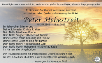 Traueranzeige von Peter Hebestreit von Südthüringer Presse