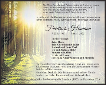 Traueranzeige von Friedrich Homann von Südthüringer Presse