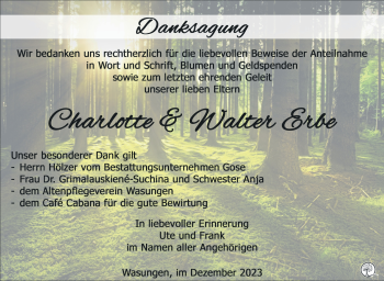 Traueranzeige von CharlotteWalter ErbeErbe von Südthüringer Presse