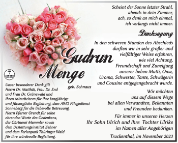 Traueranzeige von Gudrun Menge von Südthüringer Presse