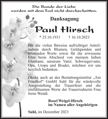 Traueranzeige von Paul Hirsch von Südthüringer Presse