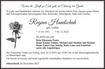 Traueranzeige von Regina Handschuh von Südthüringer Presse