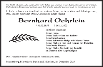 Traueranzeige von Bernhard Oehrlein von Südthüringer Presse