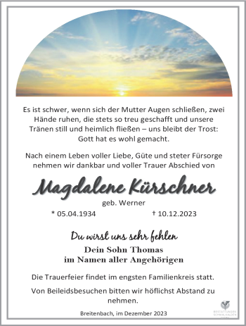 Traueranzeige von Magdalene Kürschner von Südthüringer Presse
