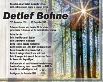 Traueranzeige von Detlef Bohne von Südthüringer Presse