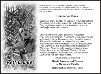 Traueranzeige von Ralf Lemke von Südthüringer Presse