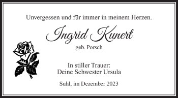 Traueranzeige von Ingrid Kunert von Südthüringer Presse