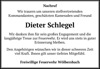 Traueranzeige von Dieter Schlegel von Frankenpost