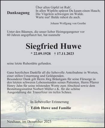 Traueranzeige von Siegfried Huwe von Südthüringer Presse