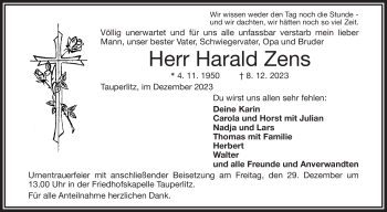 Traueranzeige von Harald Zens von Frankenpost