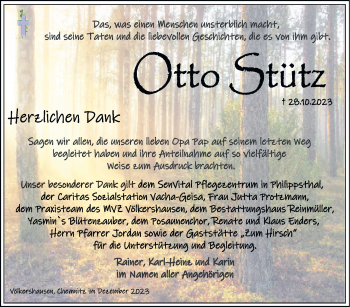 Traueranzeige von Otto Stütz von Südthüringer Presse