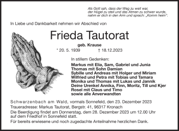 Traueranzeige von Frieda Tautorat von Neue Presse Coburg