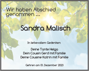 Traueranzeige von Sandra Malisch von Südthüringer Presse
