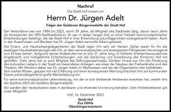 Traueranzeige von Jürgen Adelt von Frankenpost