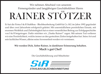 Traueranzeige von Rainer Stötzer von Südthüringer Presse