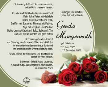 Traueranzeige von Gerda Morgenroth von Südthüringer Presse