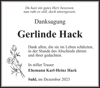 Traueranzeige von Gerlinde Hack von Südthüringer Presse