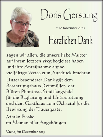 Traueranzeige von Doris Gerstung von Südthüringer Presse