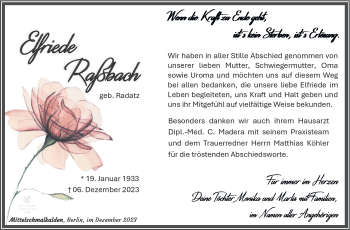 Traueranzeige von Elfriede Raßbach von Südthüringer Presse