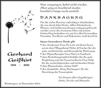 Traueranzeige von Gerhard Geißhirt von Südthüringer Presse