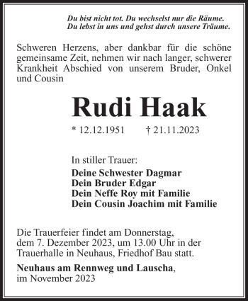 Traueranzeige von Rudi Haak von Südthüringer Presse