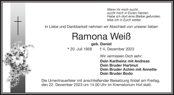 Traueranzeige von Ramona Weiß von Frankenpost