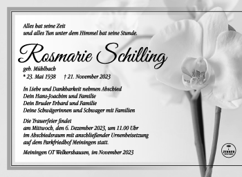 Traueranzeige von Rosemarie Schilling von Südthüringer Presse