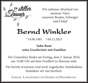 Traueranzeige von Bernd Winkler von Südthüringer Presse