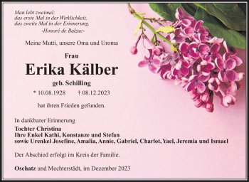Traueranzeige von Erika Kälber von Südthüringer Presse