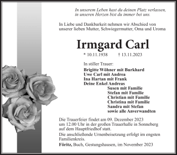 Traueranzeige von Irmgard Carl von Südthüringer Presse