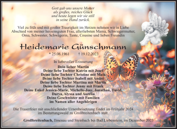 Traueranzeige von Heidemarie Günschmann von Südthüringer Presse