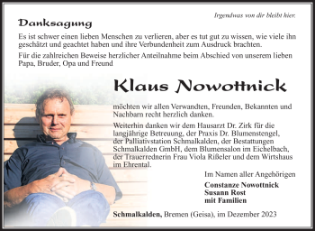 Traueranzeige von Klaus Nowottnick von Südthüringer Presse