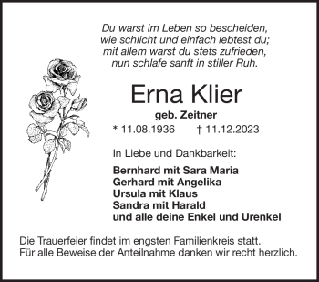 Traueranzeige von Erna Klier von Frankenpost