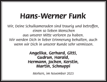 Traueranzeige von Hans-Werner Funk von Südthüringer Presse