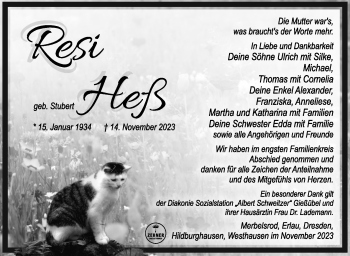 Traueranzeige von Resi Heß von Südthüringer Presse