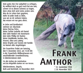 Traueranzeige von Frank Amthor von Südthüringer Presse