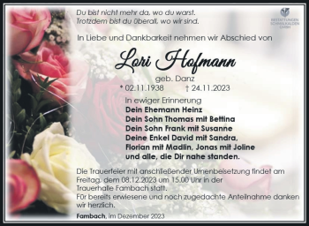 Traueranzeige von Lori Hofmann von Südthüringer Presse