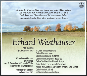 Traueranzeige von Erhard Westhäuser von Südthüringer Presse