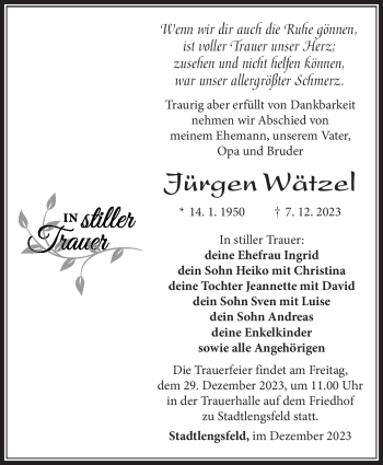 Traueranzeige von Jürgen Wätzel von Südthüringer Presse