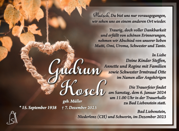 Traueranzeige von Gudrun Kosch von Südthüringer Presse