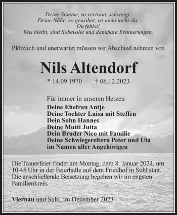 Traueranzeige von Nils Altendorf von Südthüringer Presse