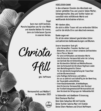 Traueranzeige von Christa Hill von Südthüringer Presse