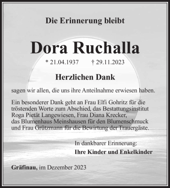 Traueranzeige von Dora Ruchalla von Südthüringer Presse