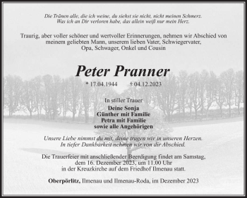 Traueranzeige von Peter Pranner von Südthüringer Presse