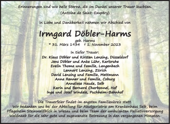 Traueranzeige von Irmgard Döbler-Harms von Frankenpost