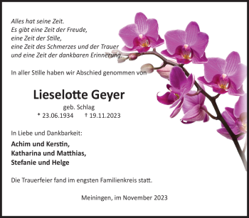Traueranzeige von Liselotte Geyer von Südthüringer Presse